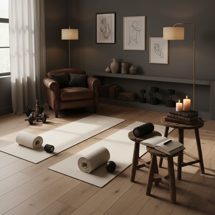 Living room arranged for a calm home activity session with notebooks and light exercise mat