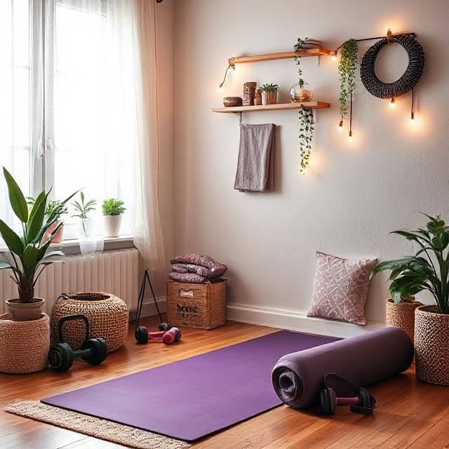 Bright home corner with yoga mat, resistance band, and open activity checklist on a side table