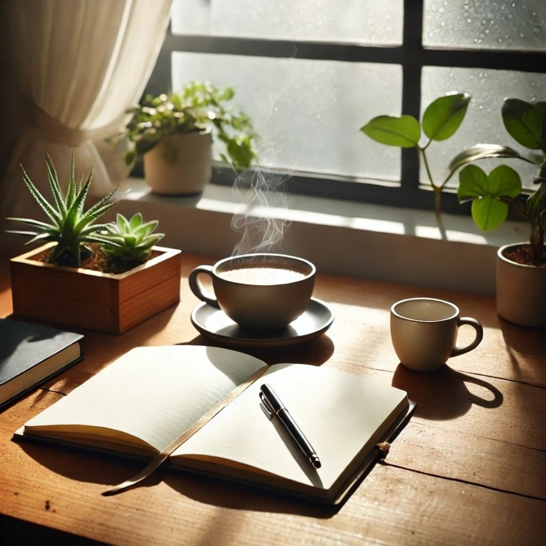 Desk lamp illuminating a daily energy journal beside a cup of tea in a quiet home office